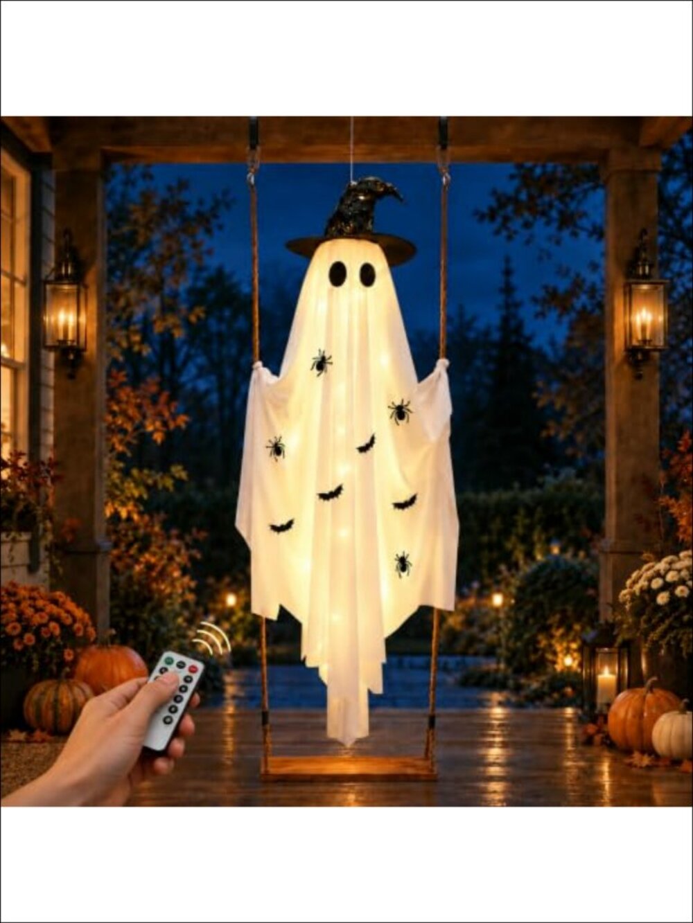 5.9ft Hanging Ghost Wooden Swing Halloween Outdoor Decoration Lighted